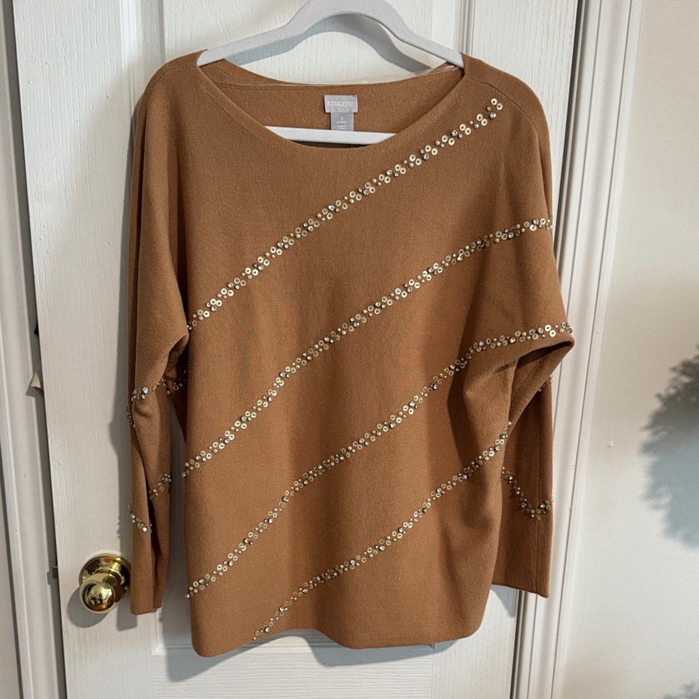 Chico's Tan Sweater with Gold Sequin Accents